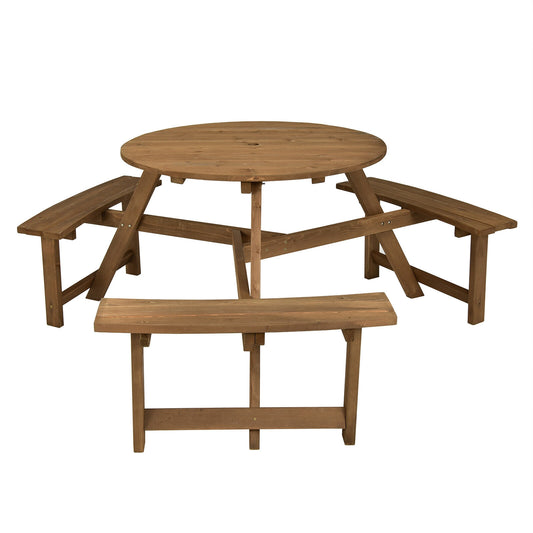 6-person Round Wooden Picnic Table with Umbrella Hole and 3 Built-in Benches-Dark Brown