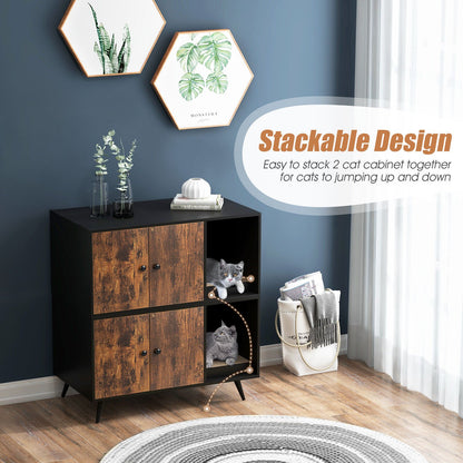 Cat Litter Box Enclosure with Double Door Cabinet