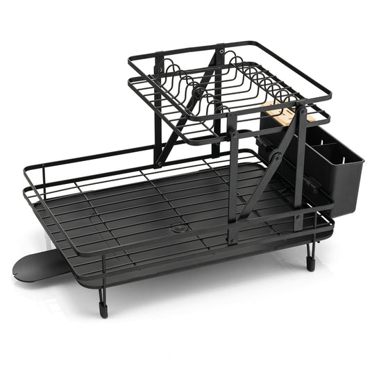 2-Tier Collapsible Dish Rack with Removable Drip Tray-Black