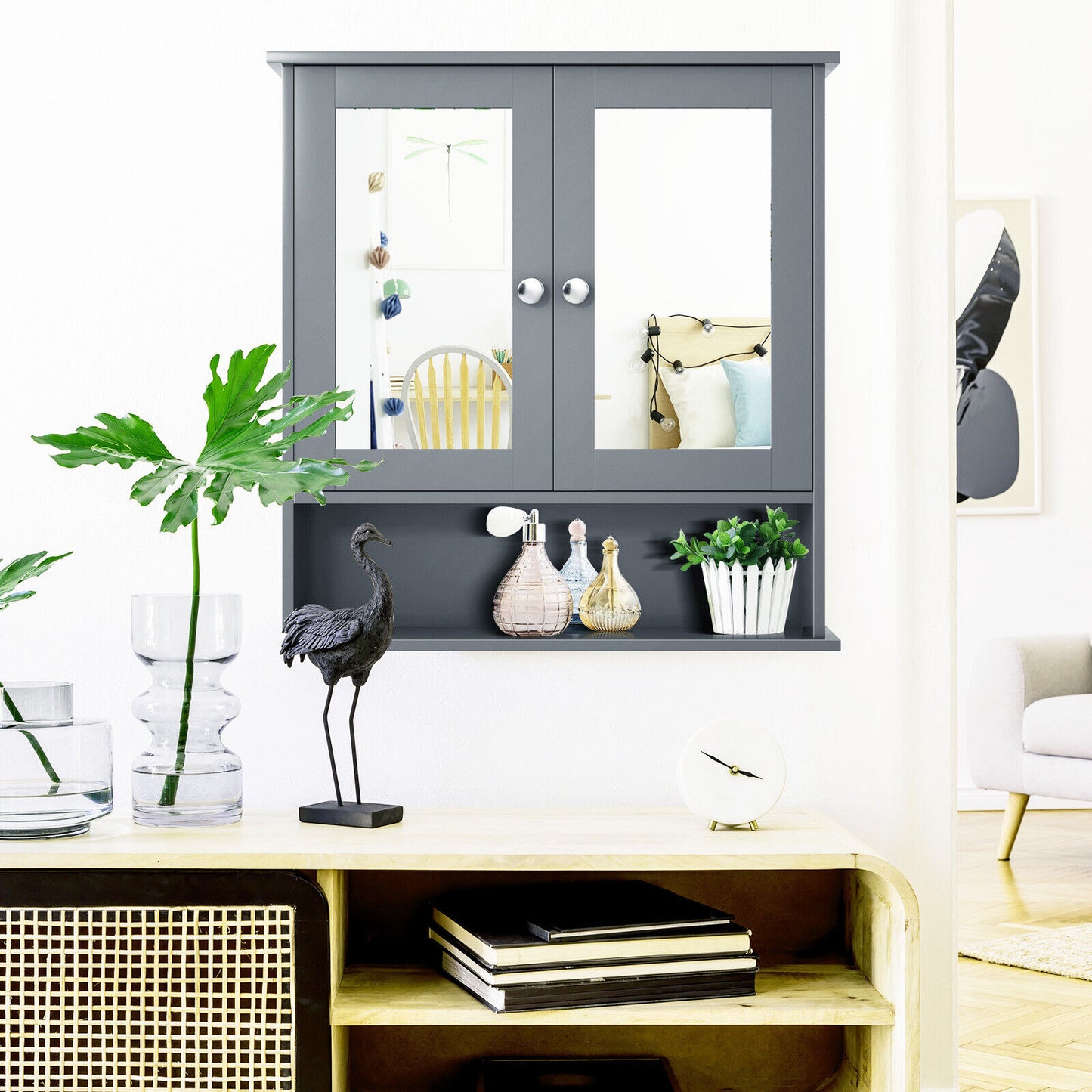 Bathroom Wall Mount Mirror Cabinet Organizer-Gray