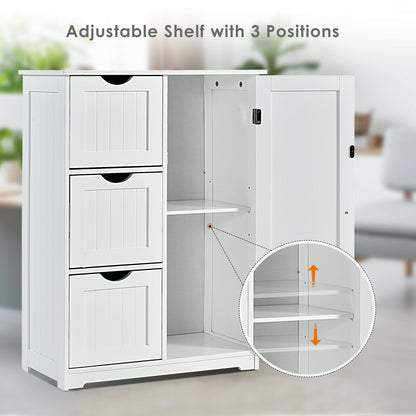 Bathroom Floor Cabinet Side Storage Cabinet with 3 Drawers and 1 Cupboard-White