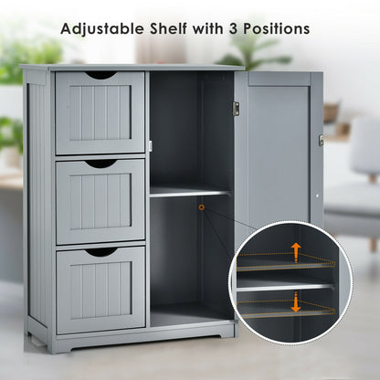 Bathroom Floor Cabinet Side Storage Cabinet with 3 Drawers and 1 Cupboard-Gray