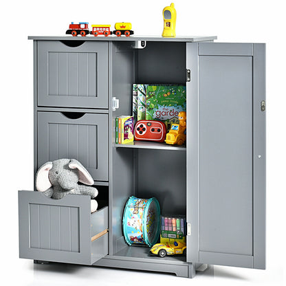 Bathroom Floor Cabinet Side Storage Cabinet with 3 Drawers and 1 Cupboard-Gray