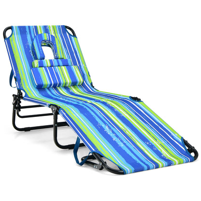 Beach Chaise Lounge Chair with Face Hole and Removable Pillow-Beige