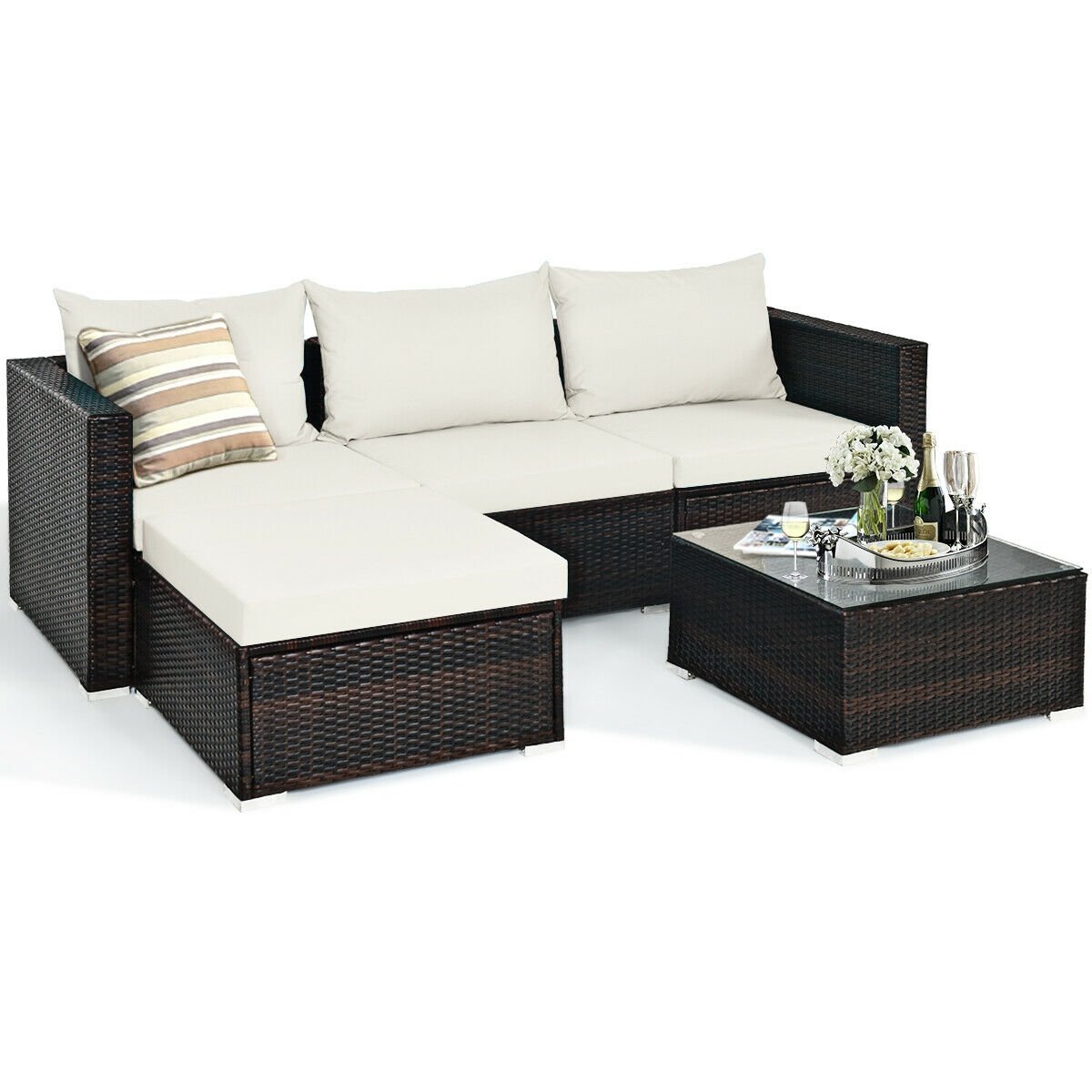 5 Pieces Patio Rattan Sectional Furniture Set with Cushions and Coffee Table -Navy