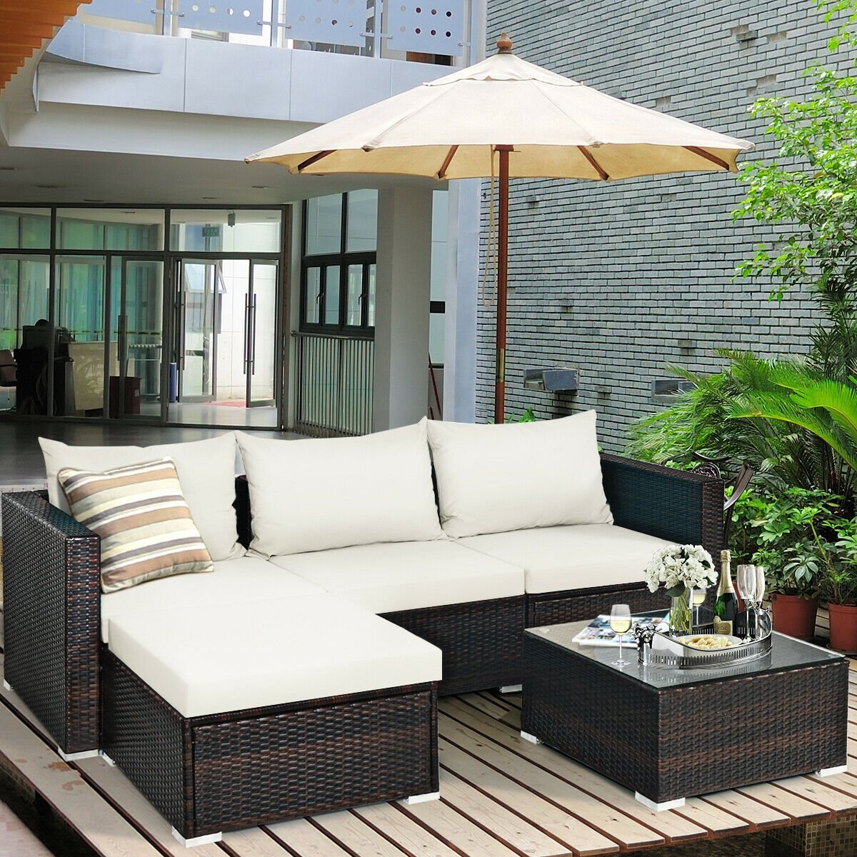 5 Pieces Patio Rattan Sectional Furniture Set with Cushions and Coffee Table -Navy