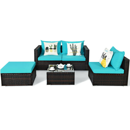 5 Pieces Patio Rattan Furniture Set with Coffee Table-Turquoise