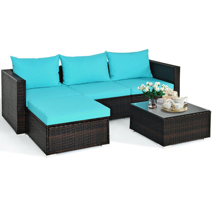 5 Pieces Patio Rattan Sectional Furniture Set with Cushions and Coffee Table -Navy