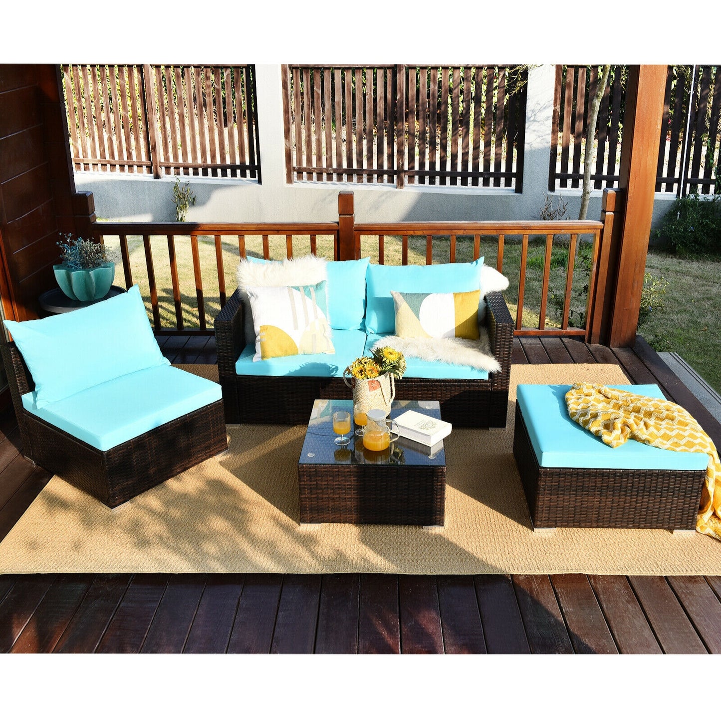 5 Pieces Patio Rattan Furniture Set with Coffee Table-Turquoise
