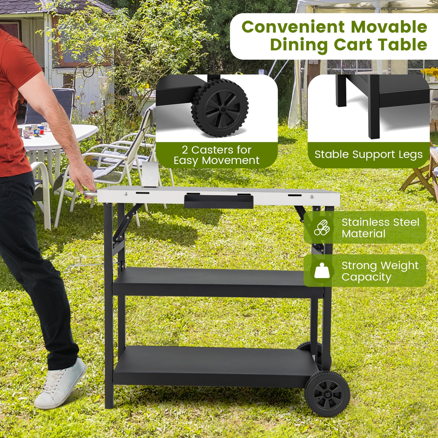 3 Tiers Foldable Outdoor Cart on 2 Wheels with Phone Holder-Black