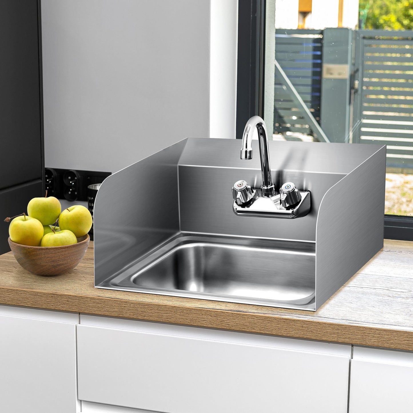 Stainless Steel Sink Wall Mount Hand Washing Sink with Faucet and Side Splash