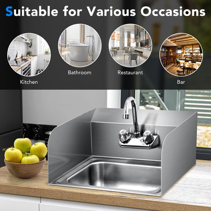 Stainless Steel Sink Wall Mount Hand Washing Sink with Faucet and Side Splash