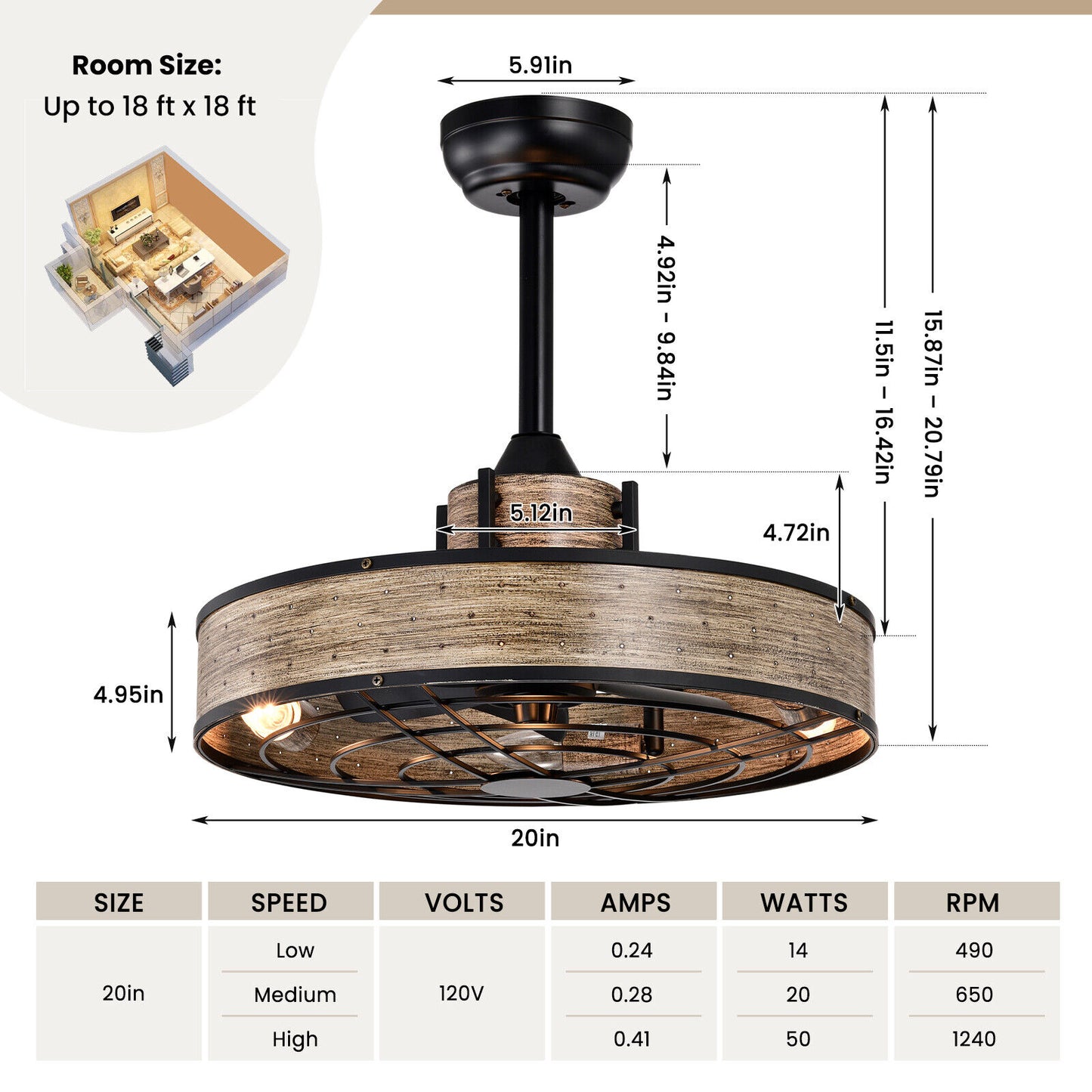 20 Inch Caged Ceiling Fan with Light and 3 Wind Speeds-Coffee