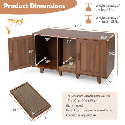 2-Door Cat Litter Box Enclosure with Winding Entry and Scratching Board-Black
