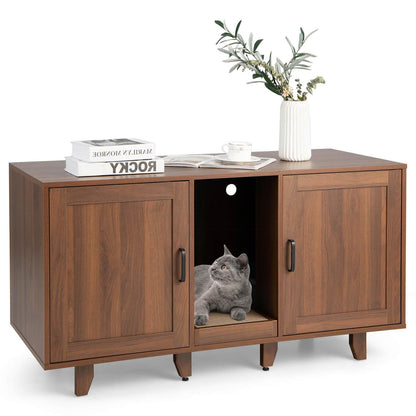 2-Door Cat Litter Box Enclosure with Winding Entry and Scratching Board-Black