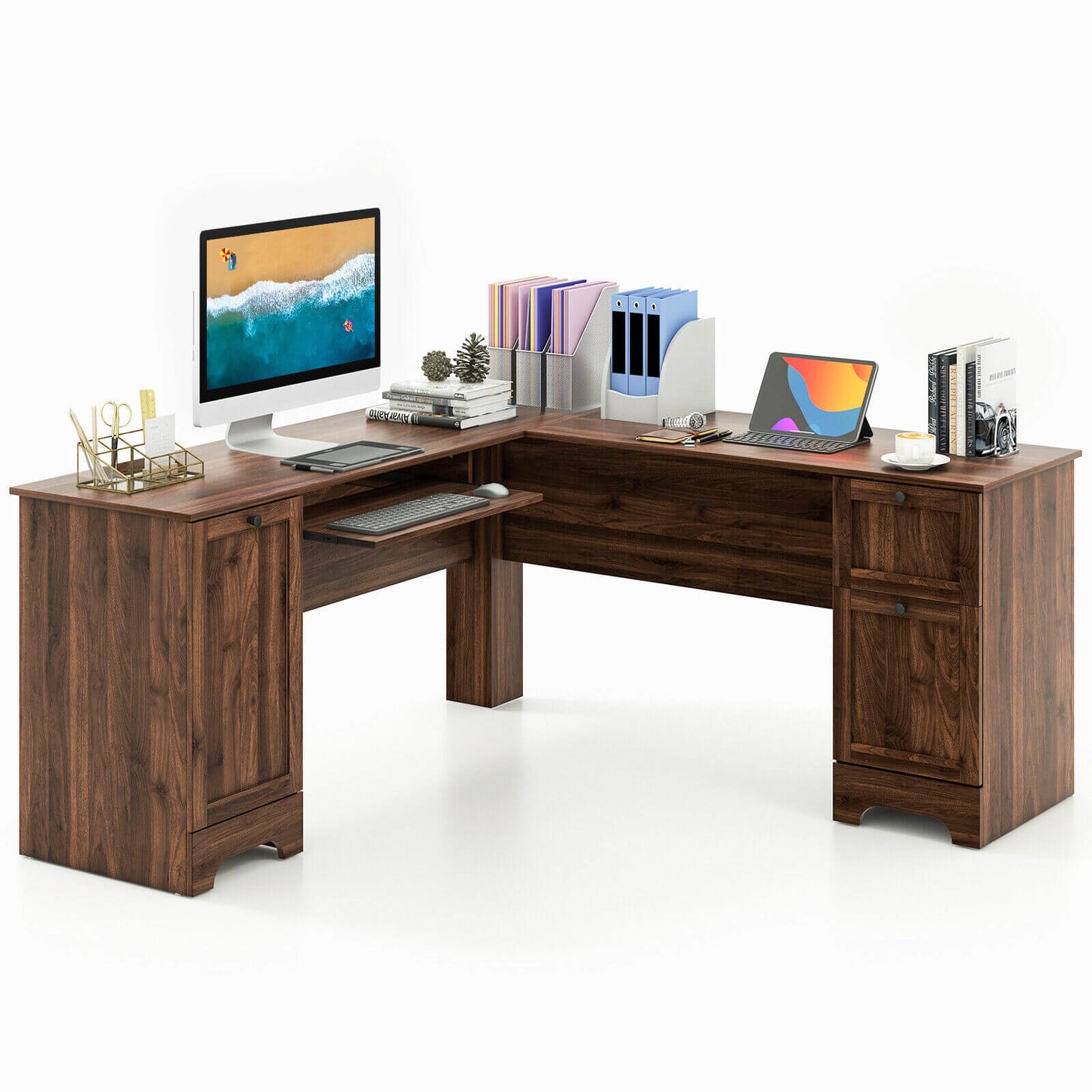 L-Shaped Office Desk with Storage Drawers and Keyboard Tray-Dark Brown