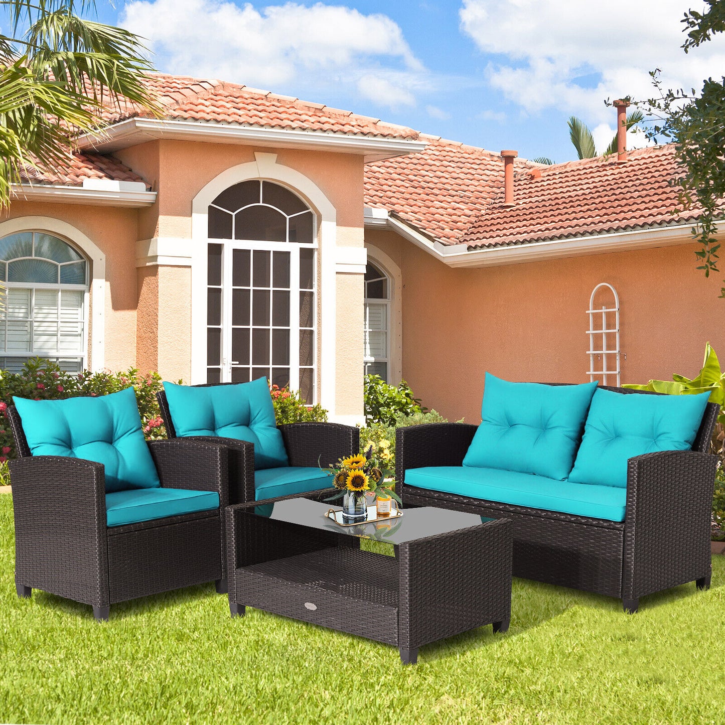 4 Pieces Patio Rattan Furniture Set with Tempered Glass Coffee Table-Turquoise