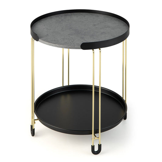 Gold 2-tier round side table with removable tray and metal frame, ideal for small living room spaces.