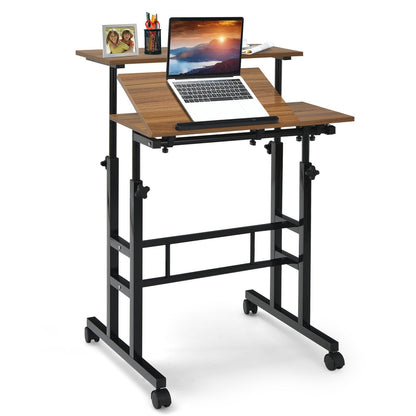 Mobile Stand-up Computer Desk Adjustable with 2 Tilting Desktops-Black