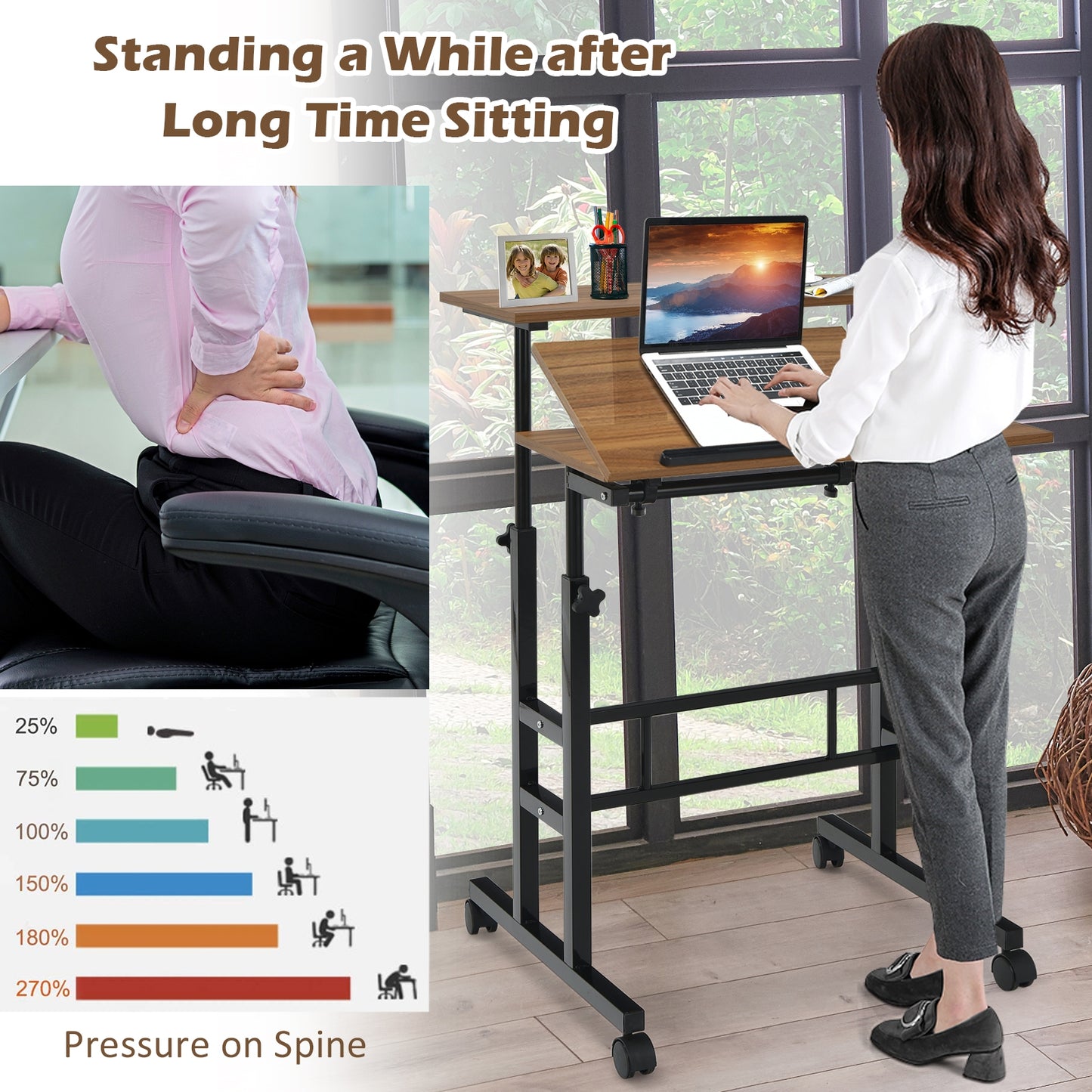 Mobile Standing up Desk Adjustable Computer Desk Tilting Workstation-Walnut