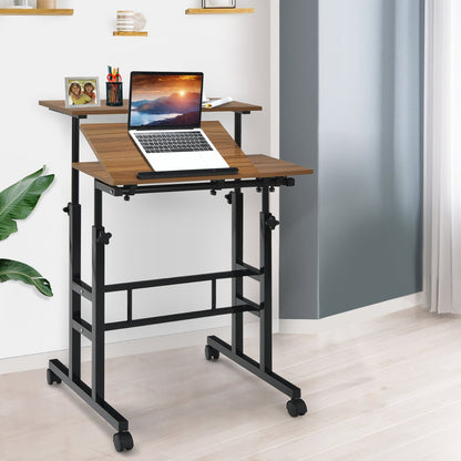 Mobile Standing up Desk Adjustable Computer Desk Tilting Workstation-Walnut