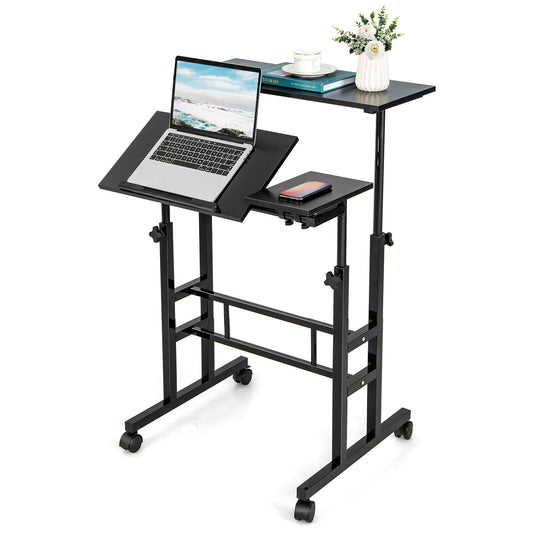 Mobile Stand up Computer Desk with 2 Tilting Desktops-Black