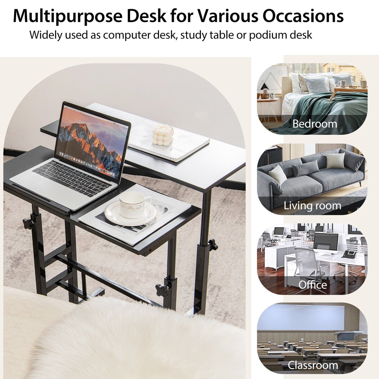 Mobile Stand-up Computer Desk Adjustable with 2 Tilting Desktops-Black