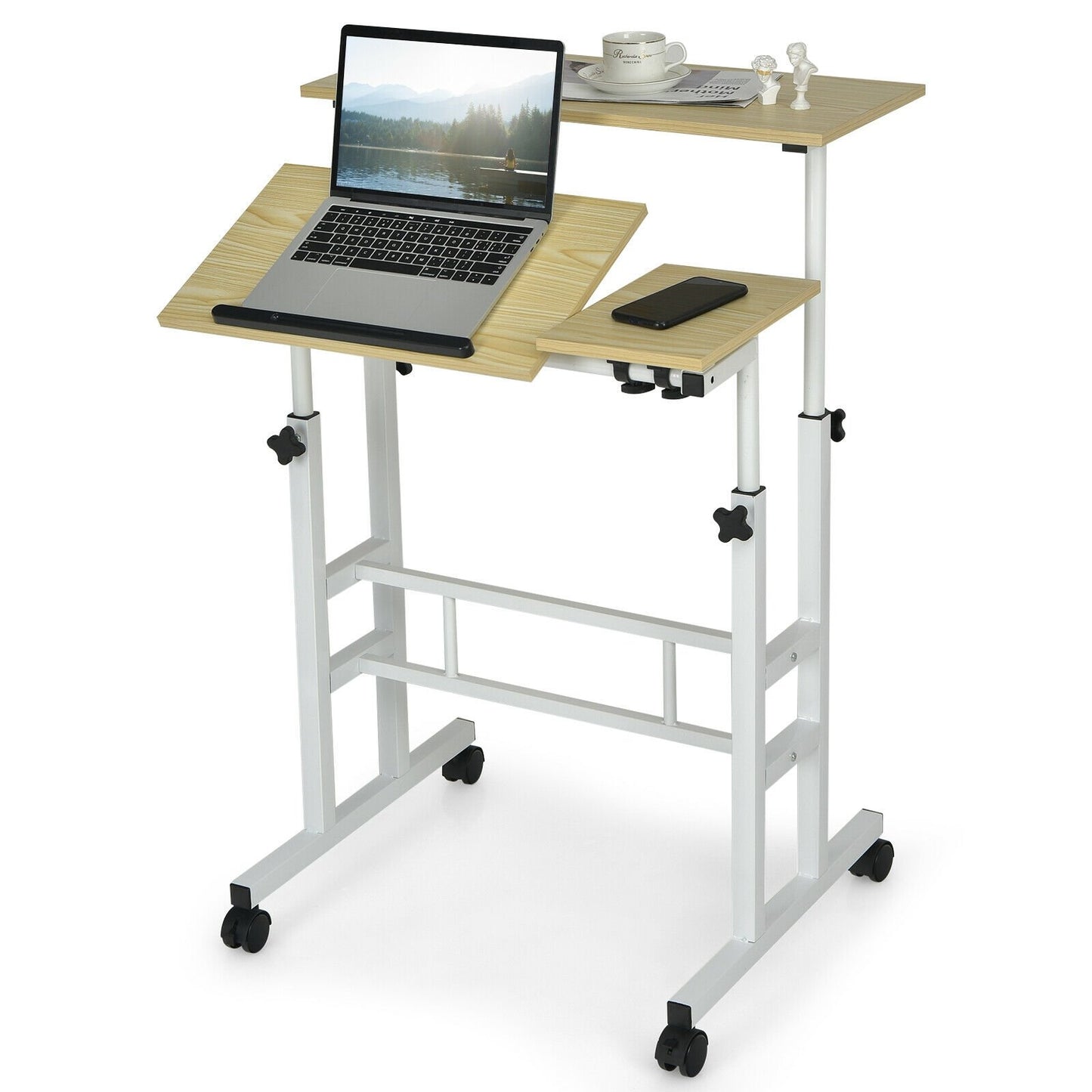 Mobile Stand-up Computer Desk Adjustable with 2 Tilting Desktops-Black