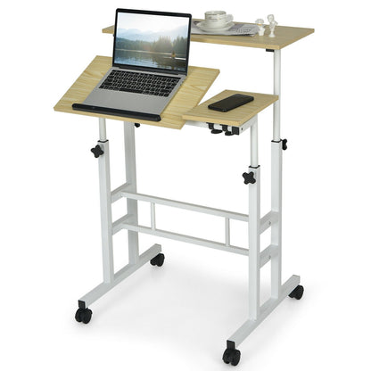 Mobile Stand-up Computer Desk Adjustable with 2 Tilting Desktops-Black