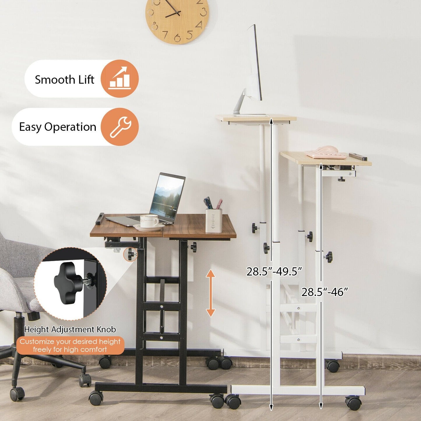 Mobile Stand-up Computer Desk Adjustable with 2 Tilting Desktops-Black