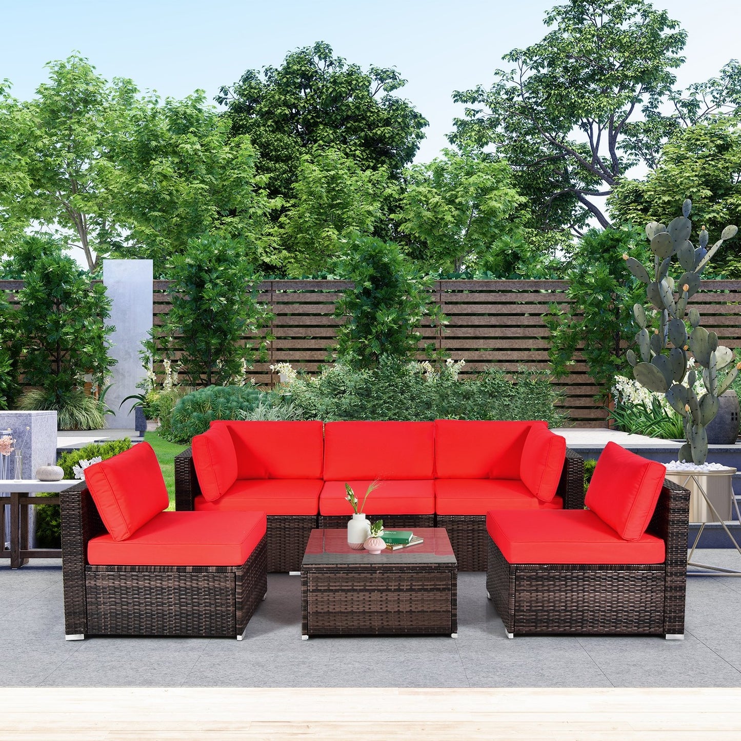 6 Pieces Patio Rattan Furniture Set with Cushions and Glass Coffee Table-Black