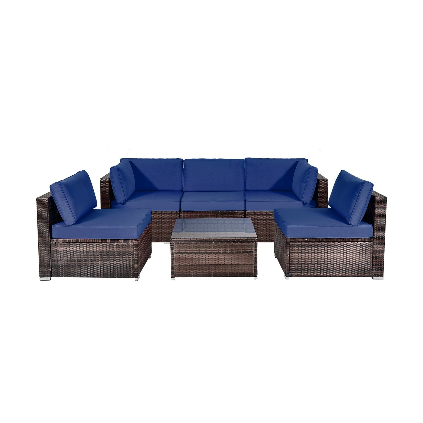 6 Pieces Patio Rattan Furniture Set with Cushions and Glass Coffee Table-Black