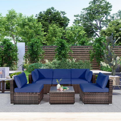 6 Pieces Patio Rattan Furniture Set with Cushions and Glass Coffee Table-Black