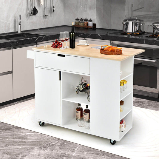 Drop-Leaf Kitchen Island with Rubber Wood Top-White