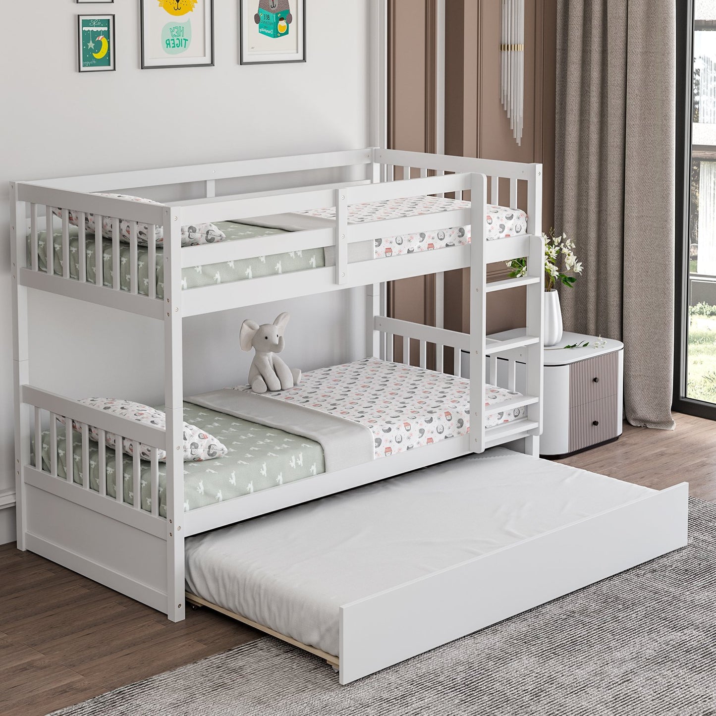 Twin Over Twin Bunk Bed with Pull-out Trundle and Ladder-Espresso