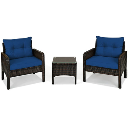 3 Pieces Outdoor Patio Rattan Conversation Set with Seat Cushions-Beige