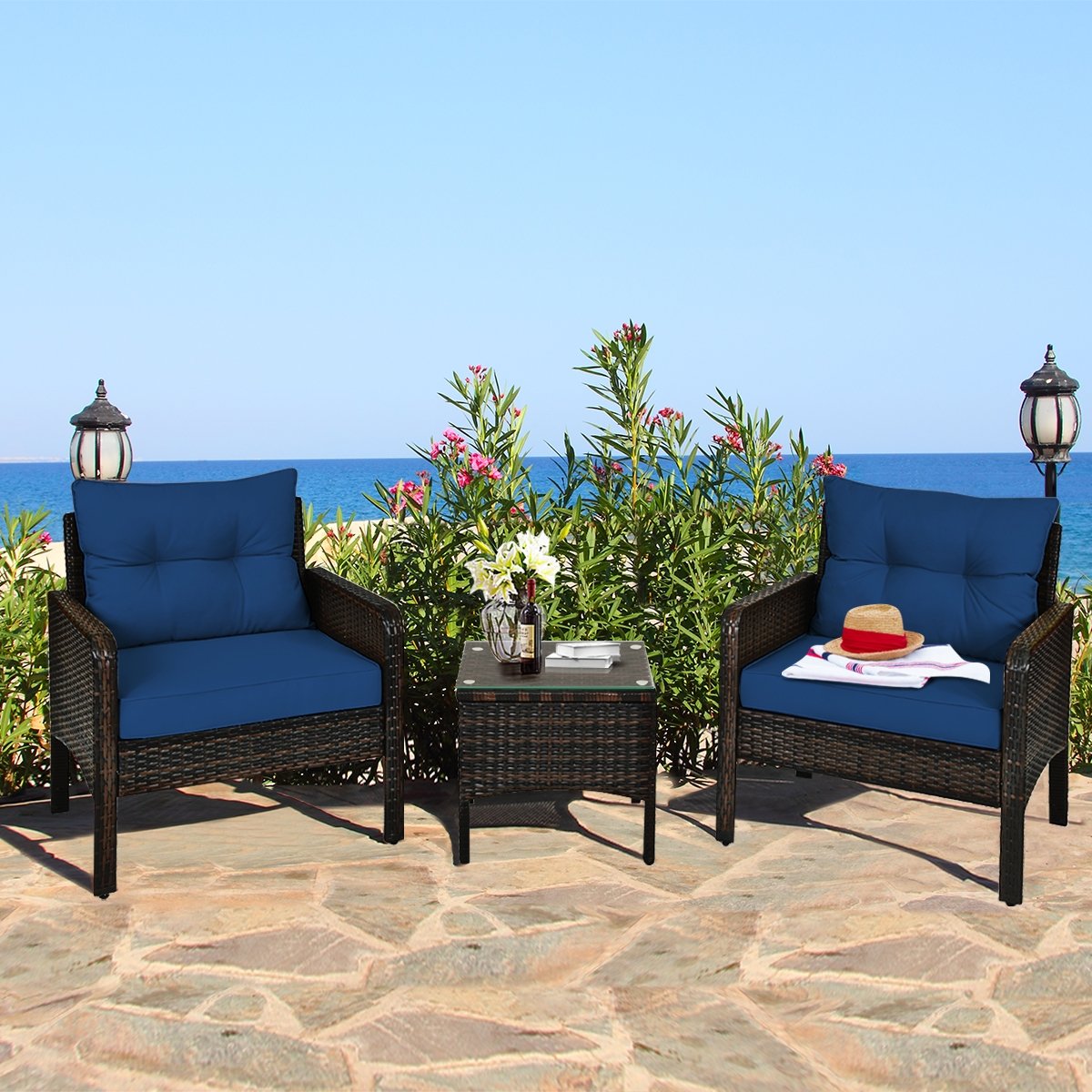 3 Pieces Outdoor Patio Rattan Conversation Set with Seat Cushions-Beige