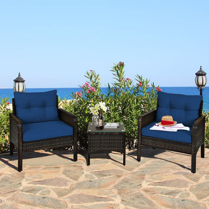 3 Pieces Outdoor Patio Rattan Conversation Set with Seat Cushions-Beige