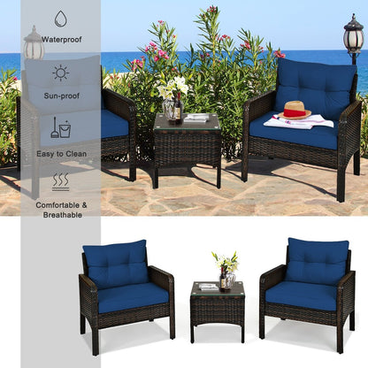 3 Pieces Outdoor Patio Rattan Conversation Set with Seat Cushions-Beige