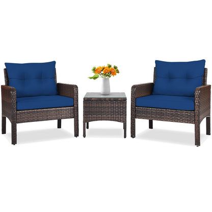 3 Pieces Outdoor Patio Rattan Conversation Set with Seat Cushions-Beige