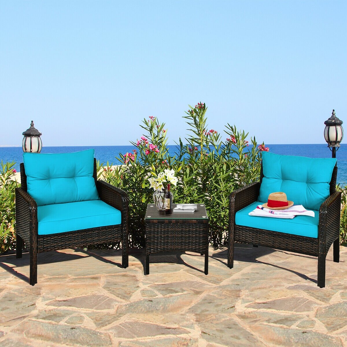 3 Pieces Outdoor Patio Rattan Conversation Set with Seat Cushions-Beige