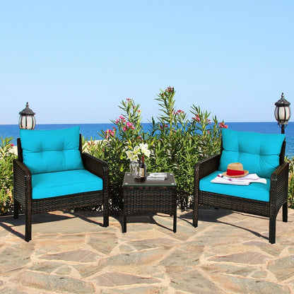 3 Pieces Outdoor Patio Rattan Conversation Set with Seat Cushions-Beige