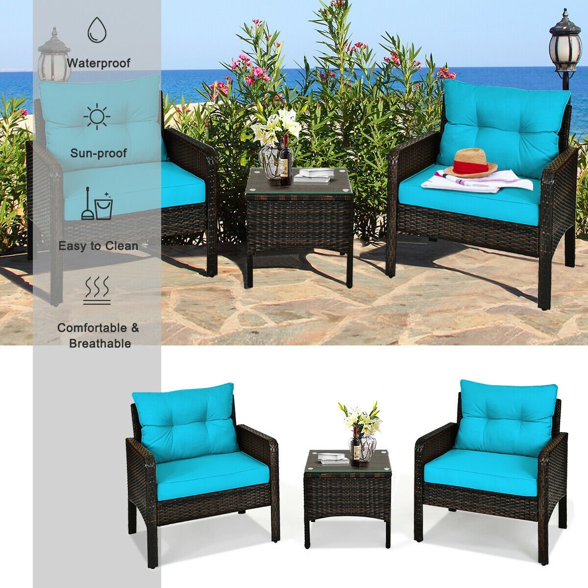 3 Pieces Outdoor Patio Rattan Conversation Set with Seat Cushions-Beige