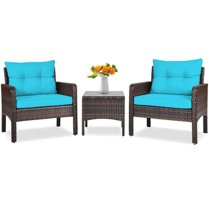 3 Pieces Outdoor Patio Rattan Conversation Set with Seat Cushions-Beige