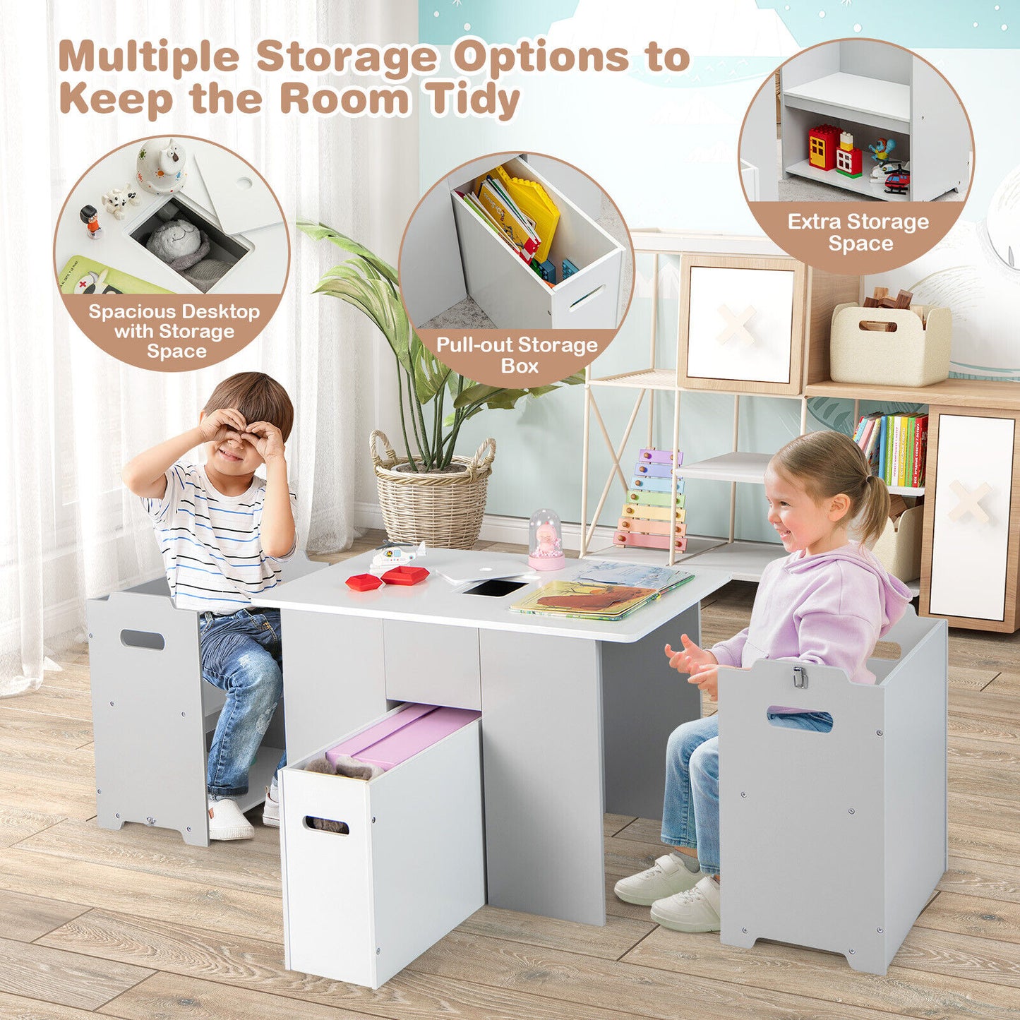 4-in-1 Kids Table and Chairs with Multiple Storage for Learning-Gray