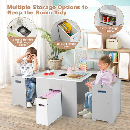 4-in-1 Kids Table and Chairs with Multiple Storage for Learning-Gray