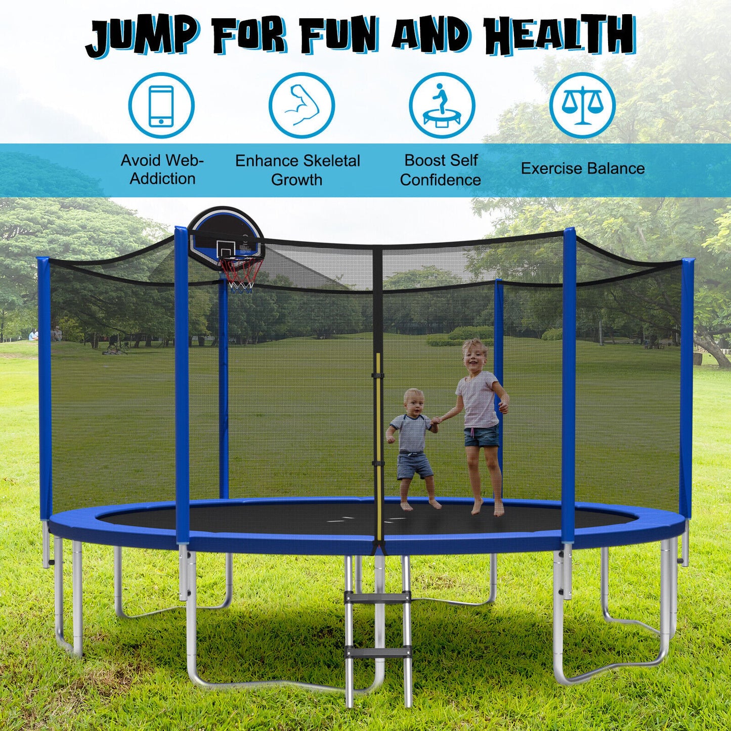 12/14/15/16 Feet Outdoor Recreational Trampoline with Enclosure Net-14 ft