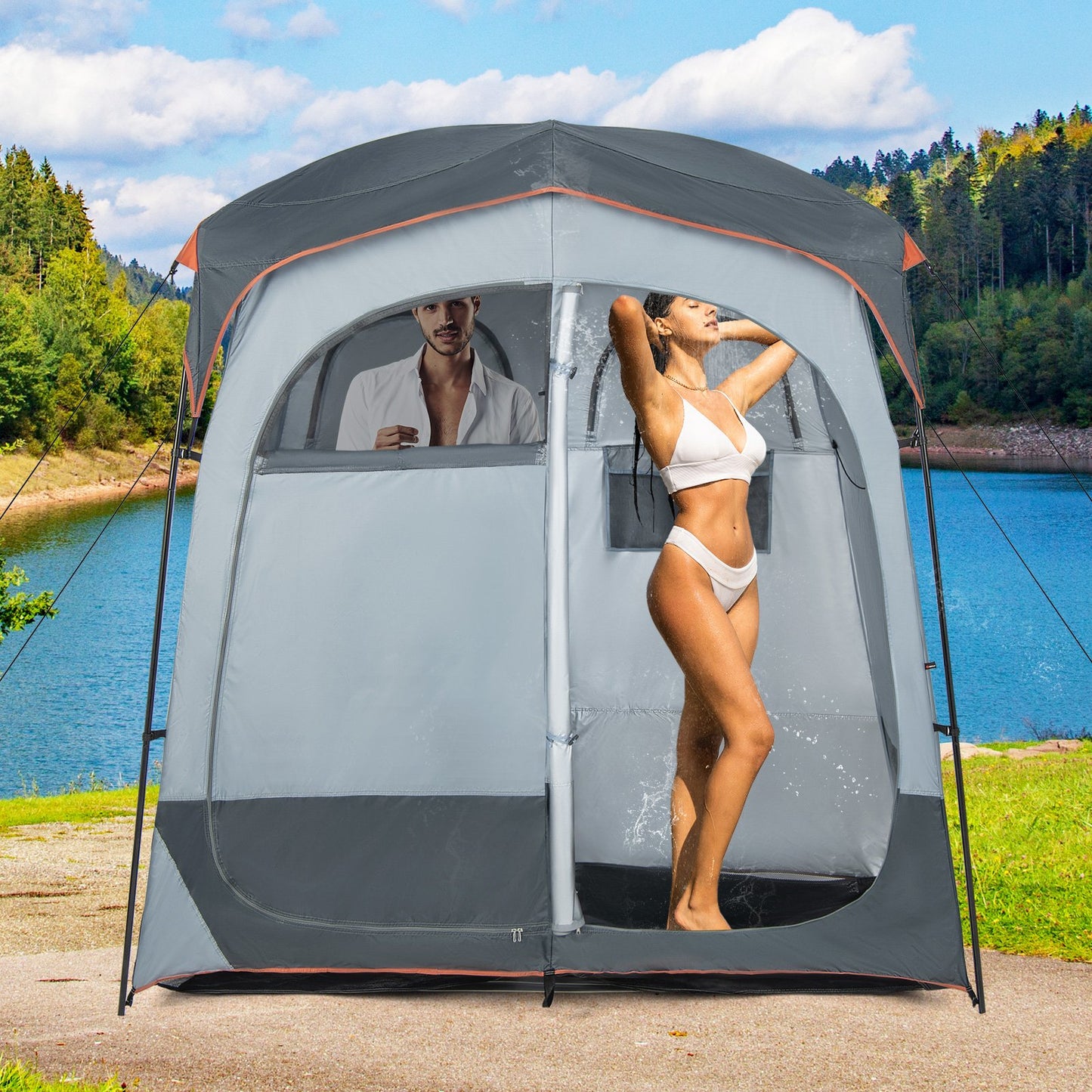 2 Rooms Oversize Privacy Shower Tent with Removable Rain Fly and Inside Pocket-Blue