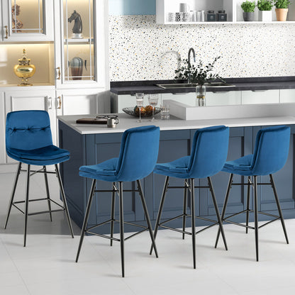 2 Pieces 29 Inch Velvet Bar Stools Set with Tufted Back and Footrests-Blue