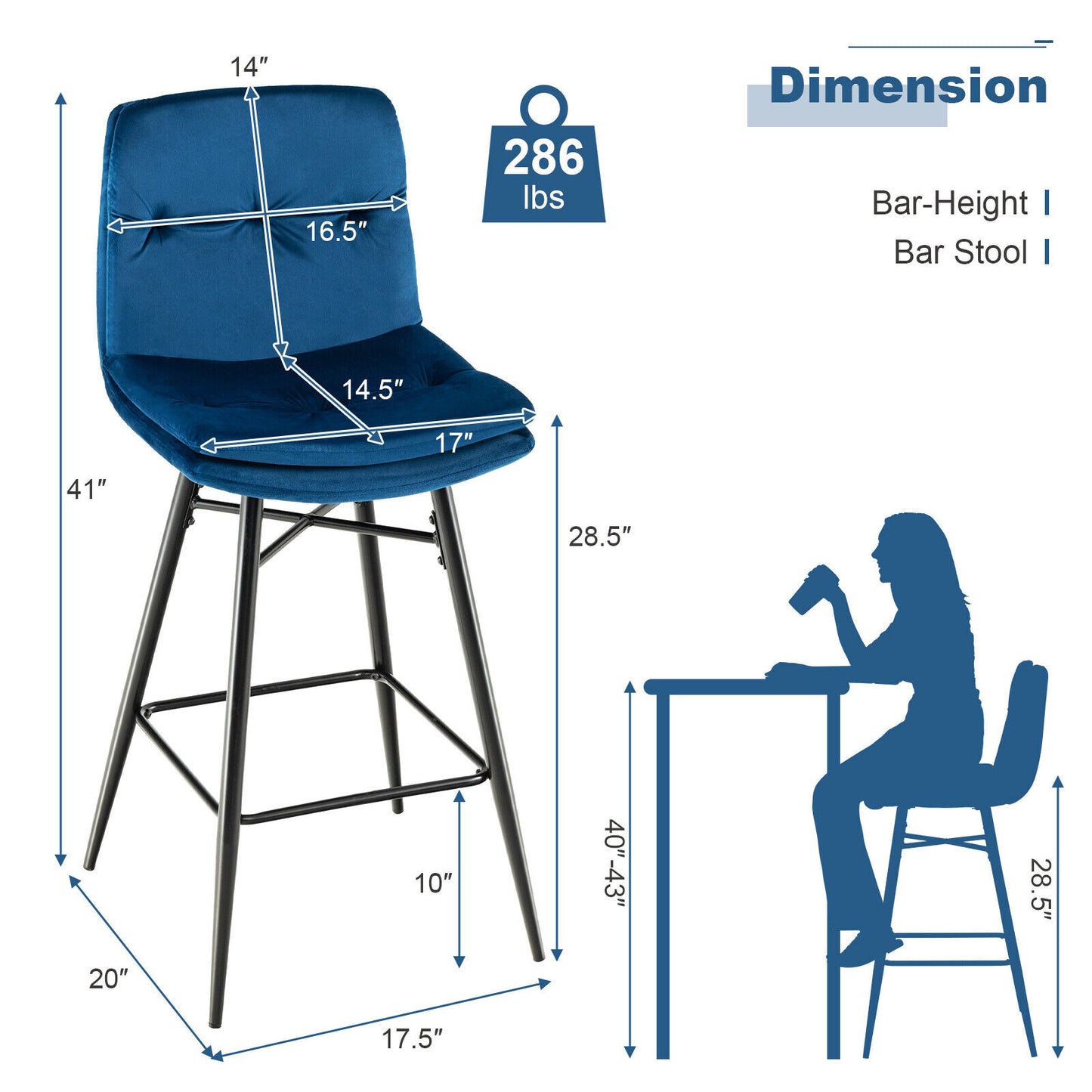 2 Pieces 29 Inch Velvet Bar Stools Set with Tufted Back and Footrests-Blue